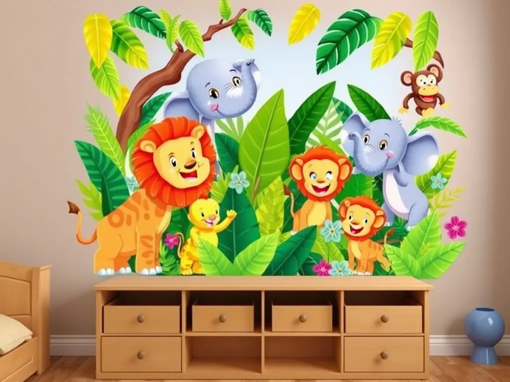 A colorful jungle wall decal featuring cartoon animals and tropical leaves.